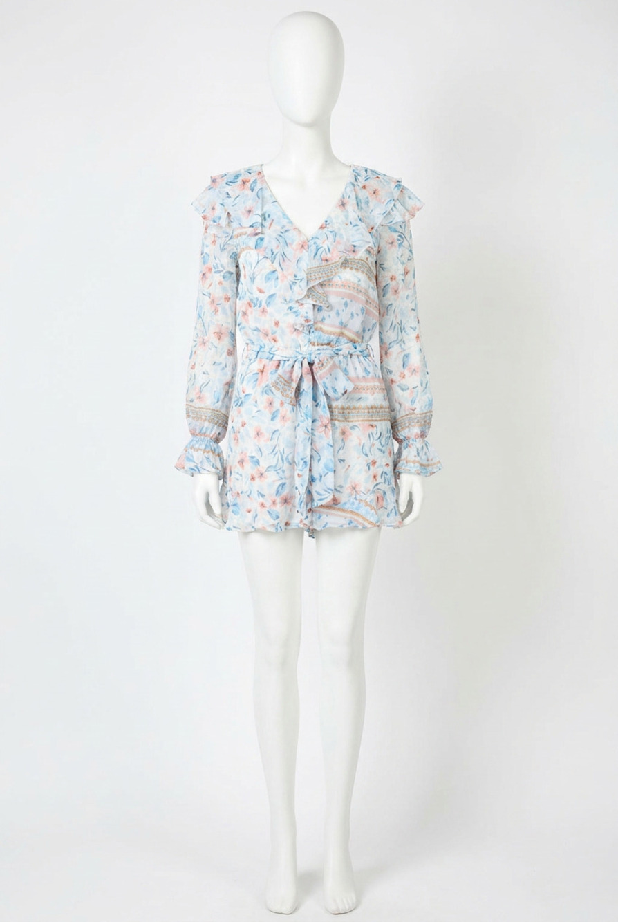 NEW FATE floral print ruffle romper in blue multi
